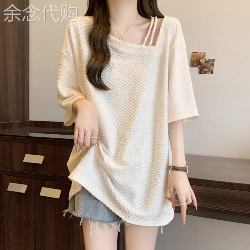 大尺码夏季慵懒风中长版露肩短袖t恤女胖mm遮肚显瘦设计感宽松上
