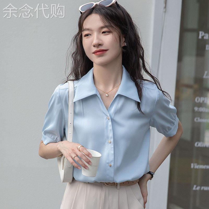 法式冰蓝色短袖衬衫女夏季2025新款面试职业通勤百搭正装V领上衣