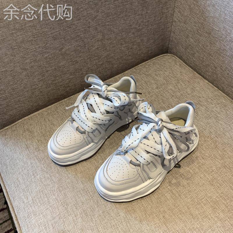 ZaSaFran~搭配不愁!时尚简约小白鞋女拼色系带真皮厚底4CM休闲鞋