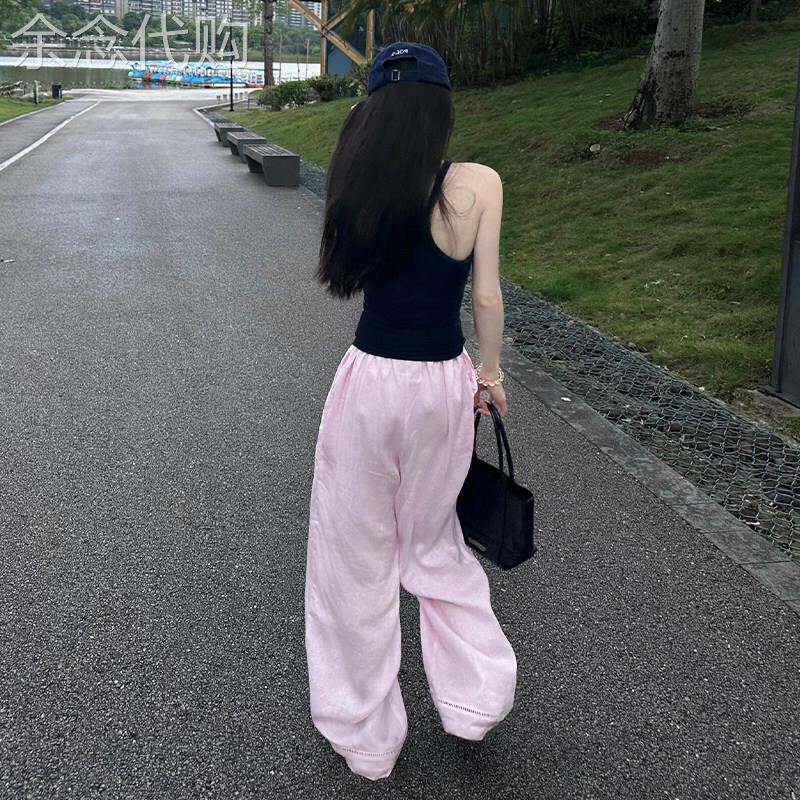 美式粉色阔腿裤子女2026新款设计感小个子宽松慵懒风直筒休闲长裤