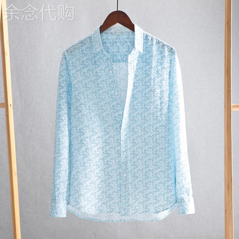 香港夏季薄款长袖棉麻衬衫男印花宽松薄款亚麻衬衣青年翻领休闲潮
