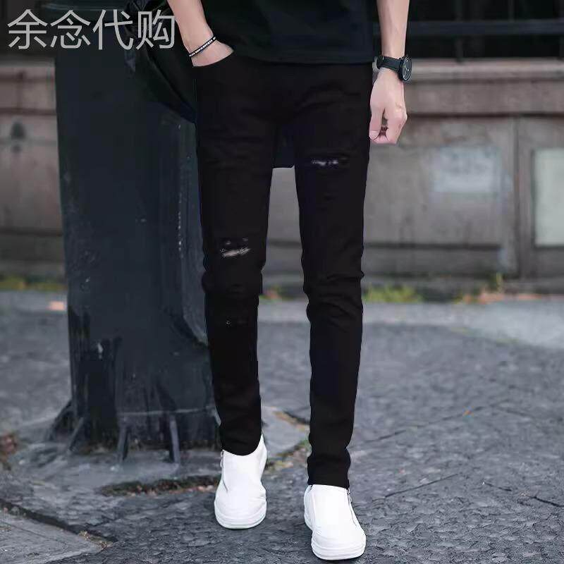 香港黑色破洞牛仔裤男款秋季新款修身小脚弹力乞丐裤潮牌休闲裤子