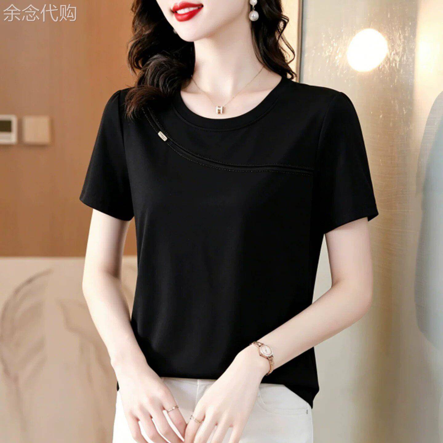 时尚高端烫钻圆领短袖T恤女士夏装新款韩版百搭显瘦减龄洋气上衣