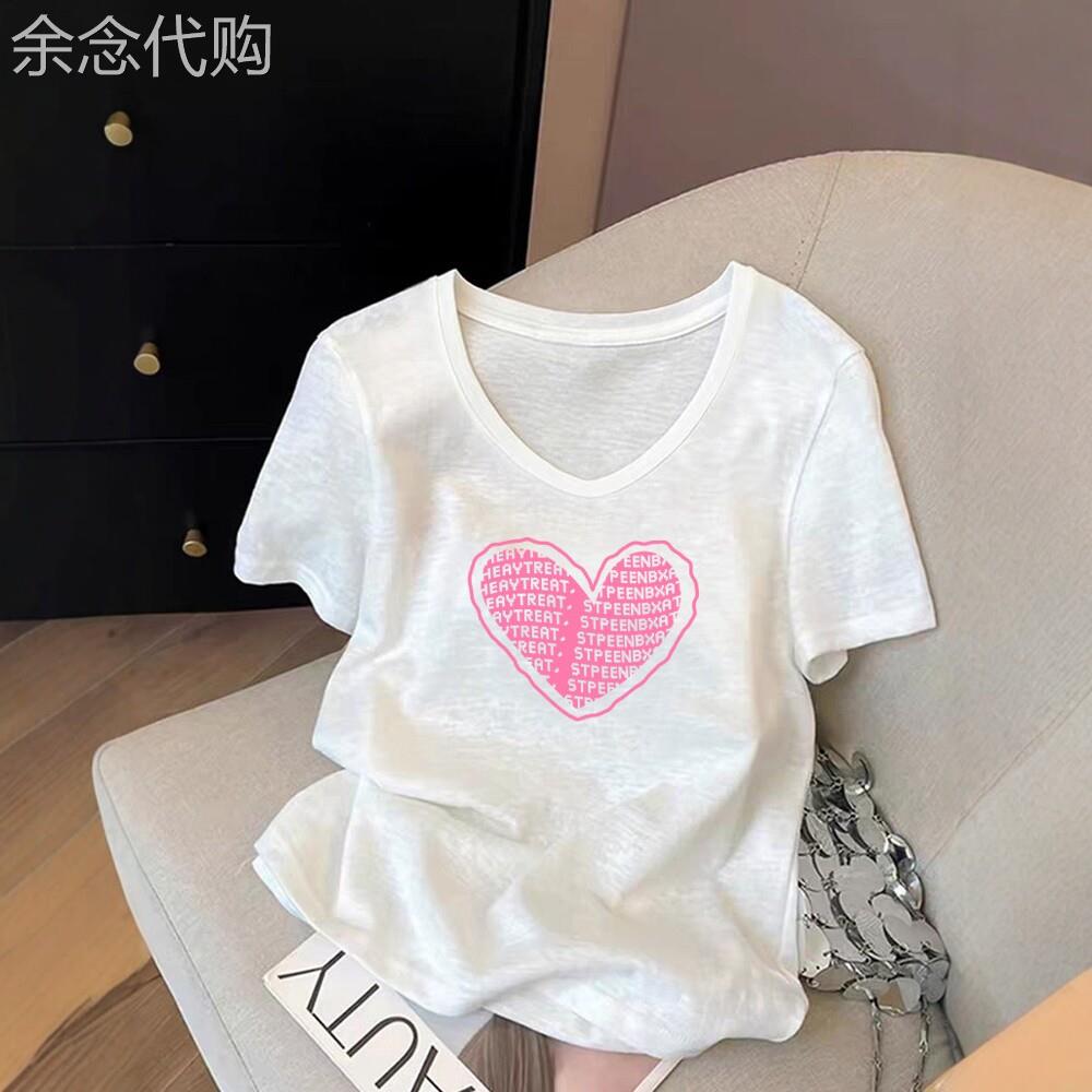 专柜白色竹节棉爱心字母V领短袖T恤女夏季薄款设计感宽松减龄上衣