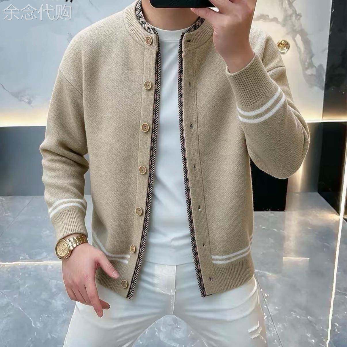 意大利老钱风立领纽扣开衫毛衣男秋冬季轻奢时尚简约潮流针织外套