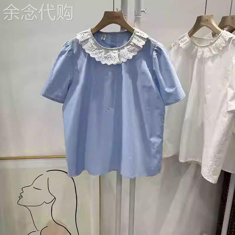 潮牌浅蓝色设计感花边圆领衬衣女夏季2026年新款时尚宽松短袖上衣