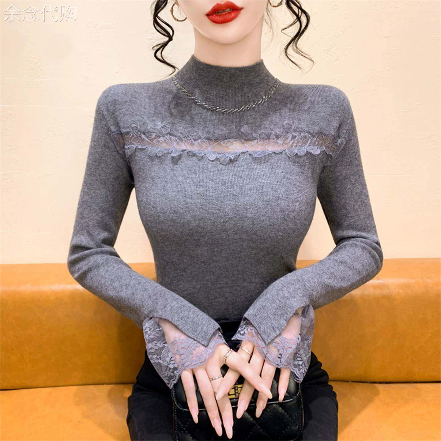 蕾丝拼接半高领针织打底衫女洋气内搭春秋2026新款修身镂空上衣女