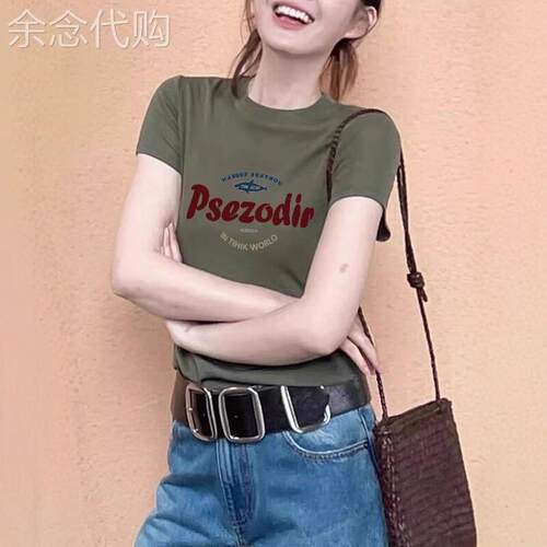 2025新款美式正肩短袖军绿色T恤女夏季修身高级感小众独特上衣服