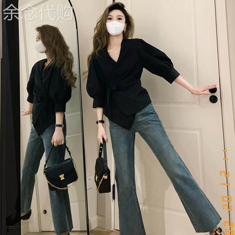 2025新款法式复古黑色v领系带收腰泡泡袖职业衬衫女夏款掐腰上衣
