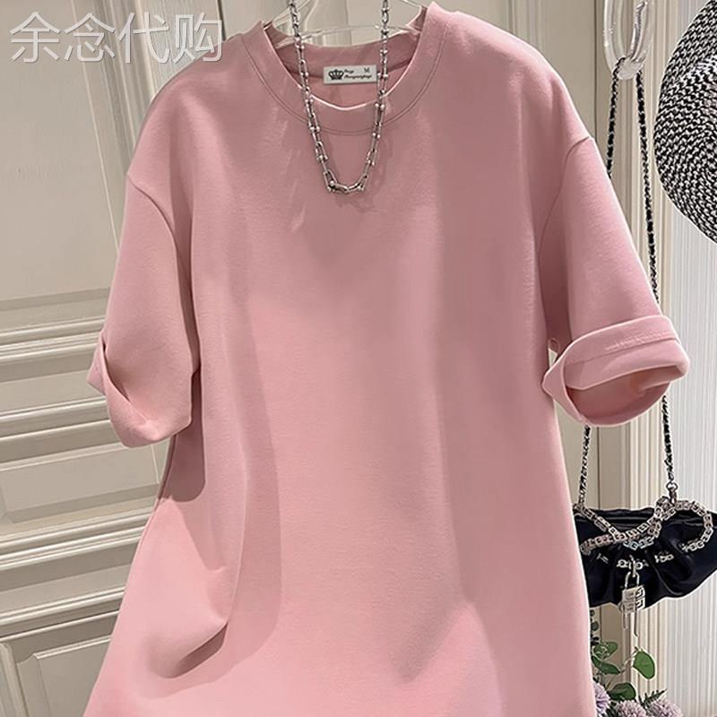 潮牌春夏季新款美式休闲欧货大版宽松粉色短袖t恤女中长款遮屁股