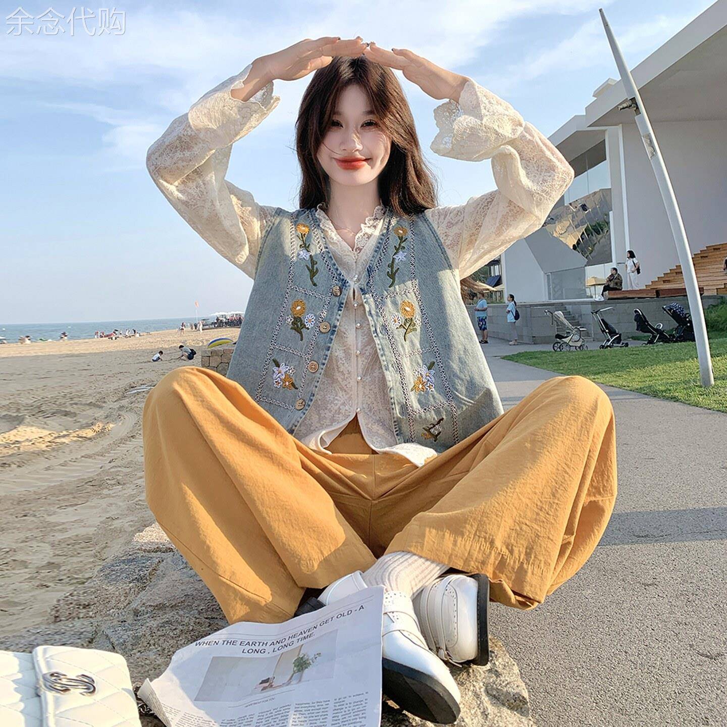 花朵刺绣牛仔马甲蕾丝上衣阔腿裤套装女2026春季气质设计感三件套