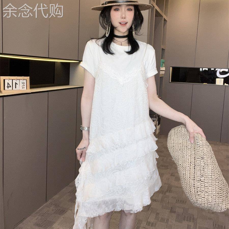 两件套裙子套装女2026夏新款不规则下摆蕾丝吊带裙+短袖T恤裙欧货