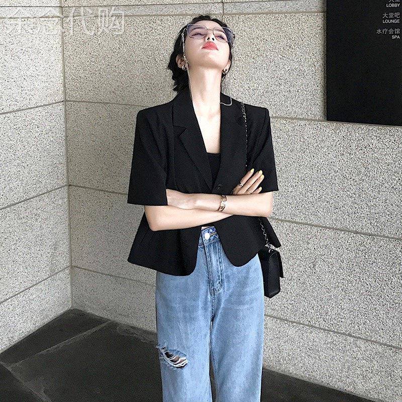 短袖西装外套女夏季欧货薄款高级感网红小个子短款休闲黑色小西服
