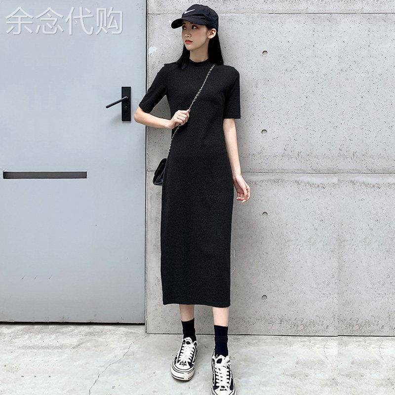 黑色洋装女春秋韩国2026新款中长版修身显瘦气质t恤直筒打底裙