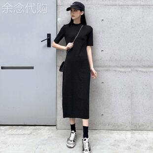 黑色洋装女春秋韩国2026新款中长版修身显瘦气质t恤直筒打底裙