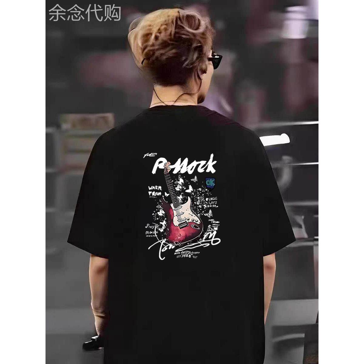 潮牌明星同款夏季新款高街摇滚吉他印花短袖T恤男黑色潮牌痞帅