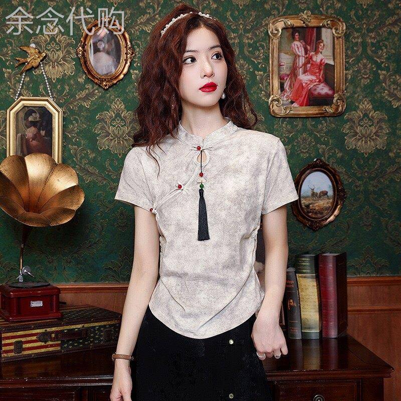 意大利高定款现货！新中式国风盘扣蚕丝上衣女设计感复古短袖T恤