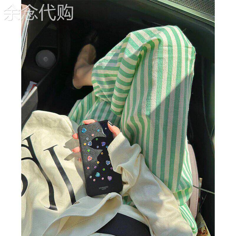 绿色条纹休闲裤女夏季日系彷棉麻长裤高腰垂感直筒度假宽松阔腿裤
