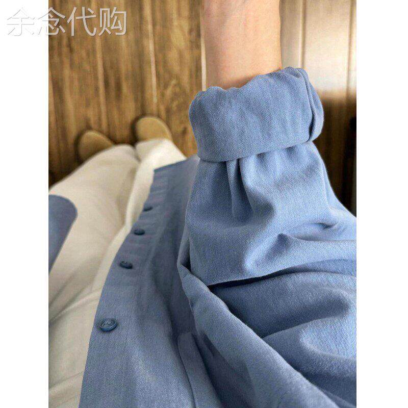 斜纹棉蓝色衬衫女上衣内搭秋冬季叠穿衬衫小个子外套早春上衣长袖