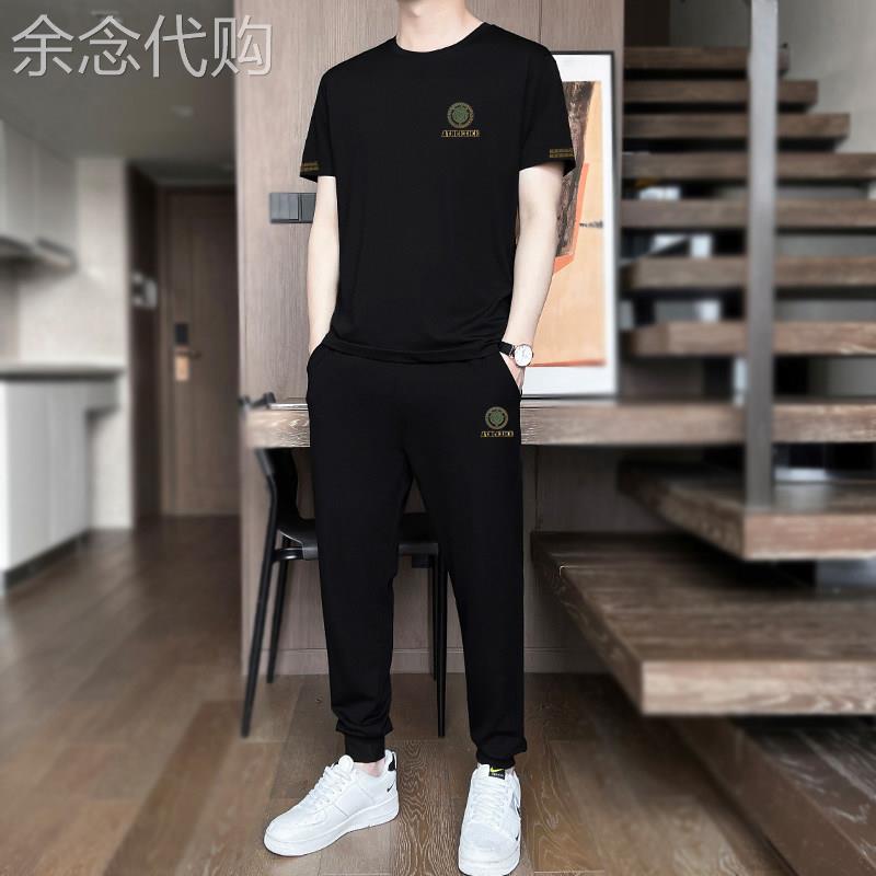 运动套装男2025新款夏季冰丝宽松大码短袖T恤时尚印花休闲两件套