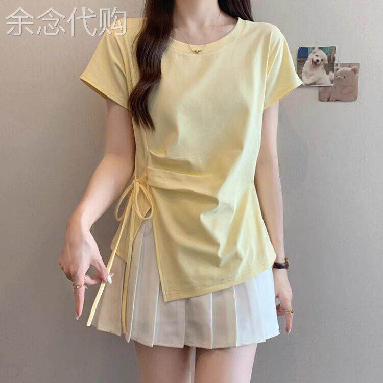 奶黄色正肩收腰短袖T恤女2026夏季新款洋气设计感不规则显瘦上衣
