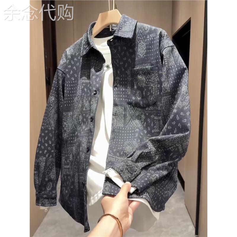 潮牌民族风宽松休闲翻领牛仔夹克外套男秋季潮流时尚燕尾衬衫上衣