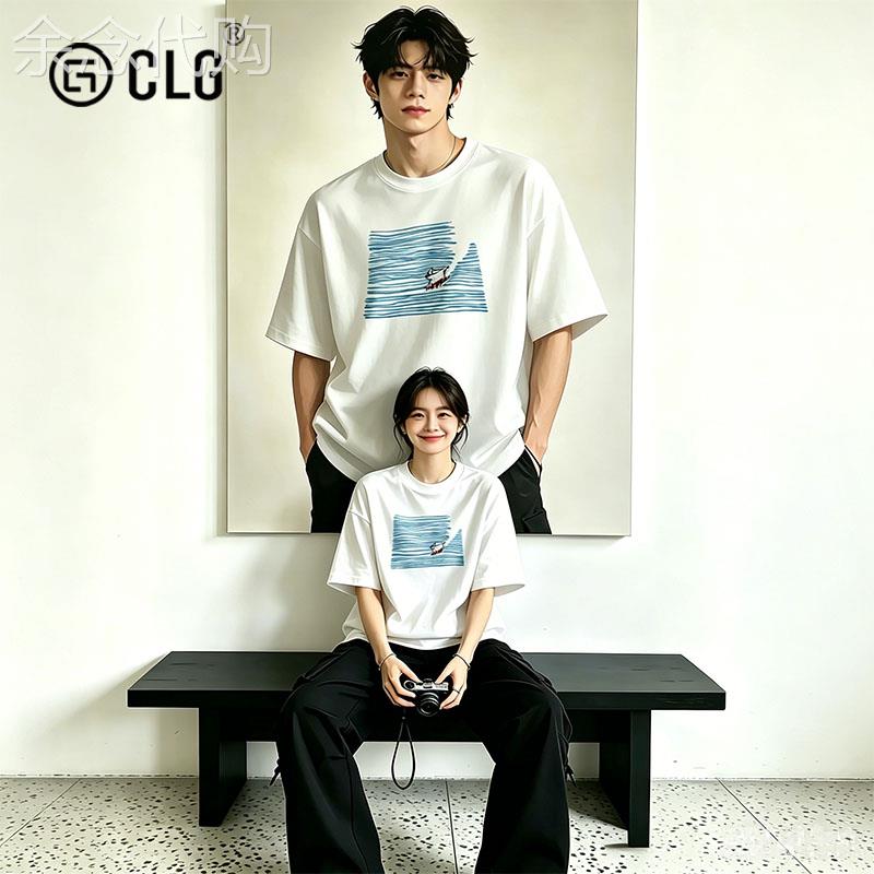 香港CLG潮牌简约小狗冲浪印花短袖T恤男女夏季宽松休闲纯棉上衣