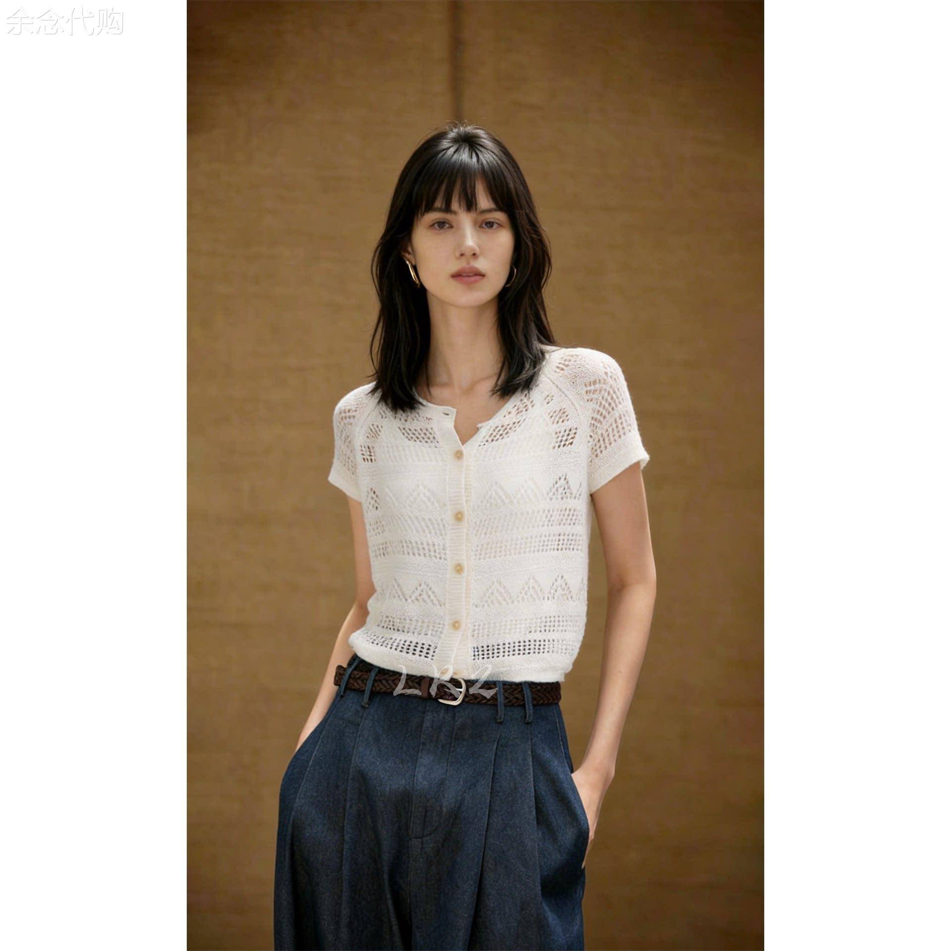 法式设计感白色镂空钩花短袖针织开衫女夏季单排扣圆领薄T恤上衣