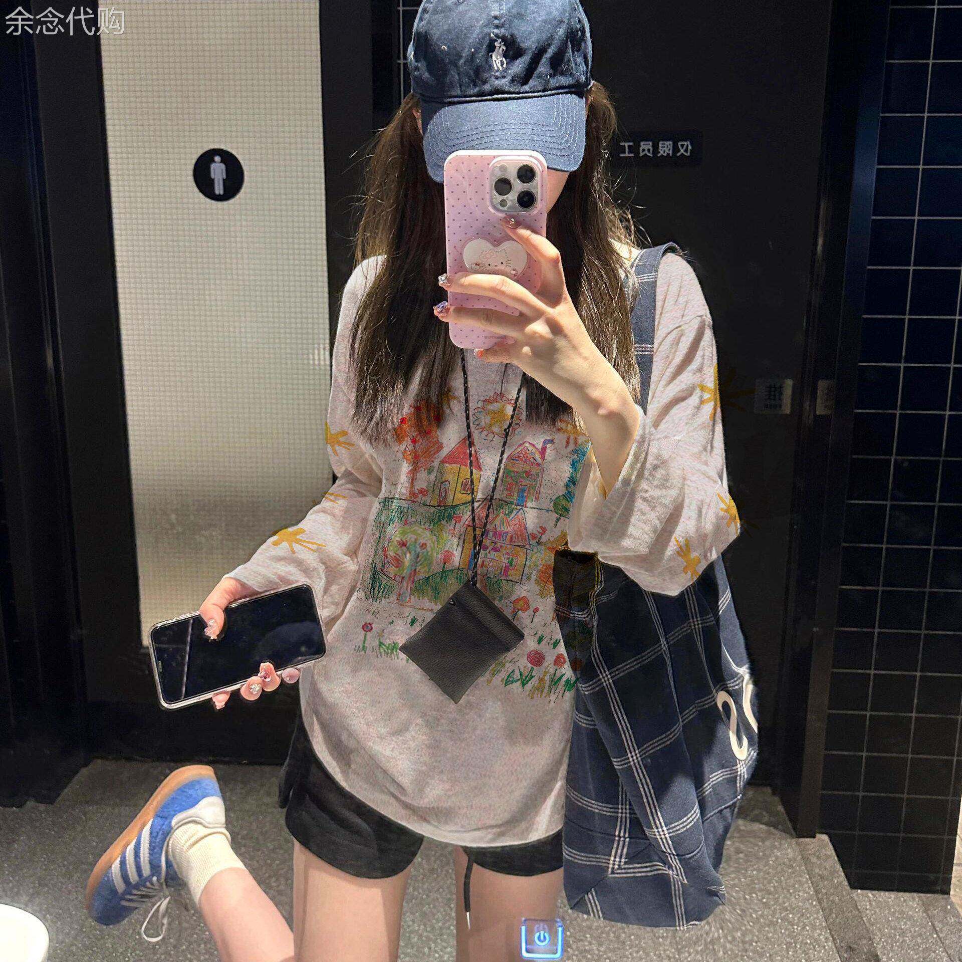 美式手绘涂鸦彩色薄款透气空调防晒罩衫长袖T恤女夏季打底衫上衣