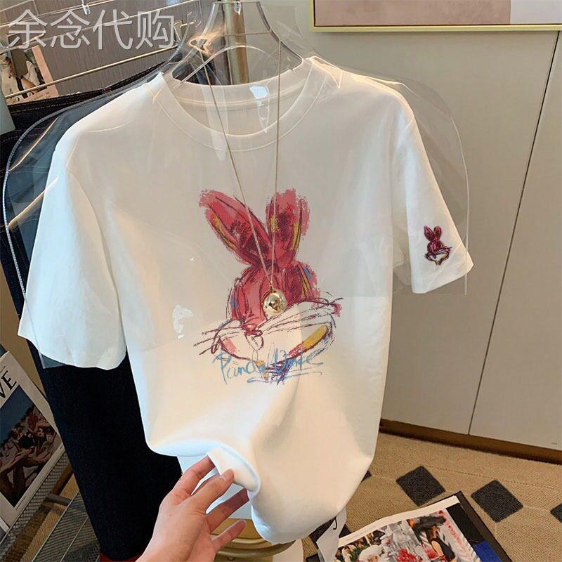 白色纯棉短袖t恤女士夏季新款洋派漂亮小衫兔子印花正肩T恤上衣
