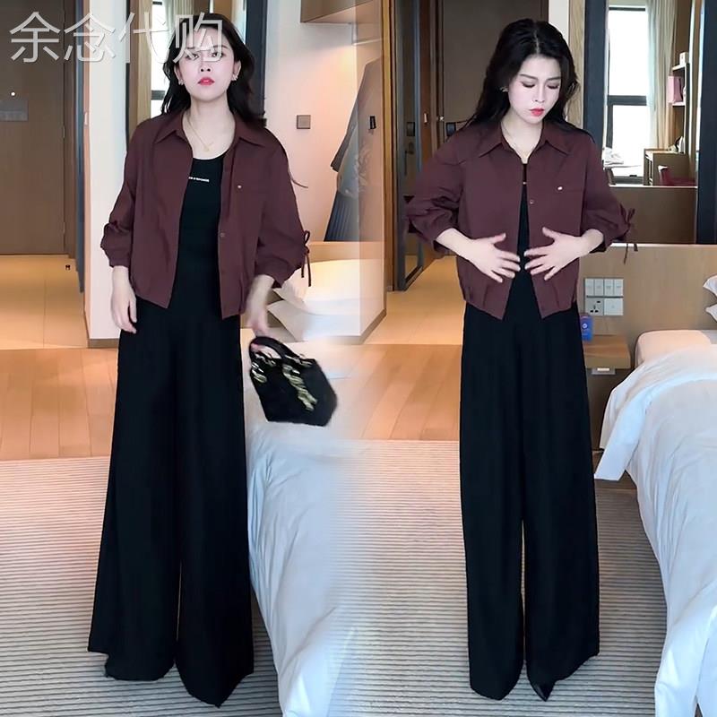 香港代购时尚套装女春季新款显瘦七分袖衬衫上衣阔腿裤气质两件套