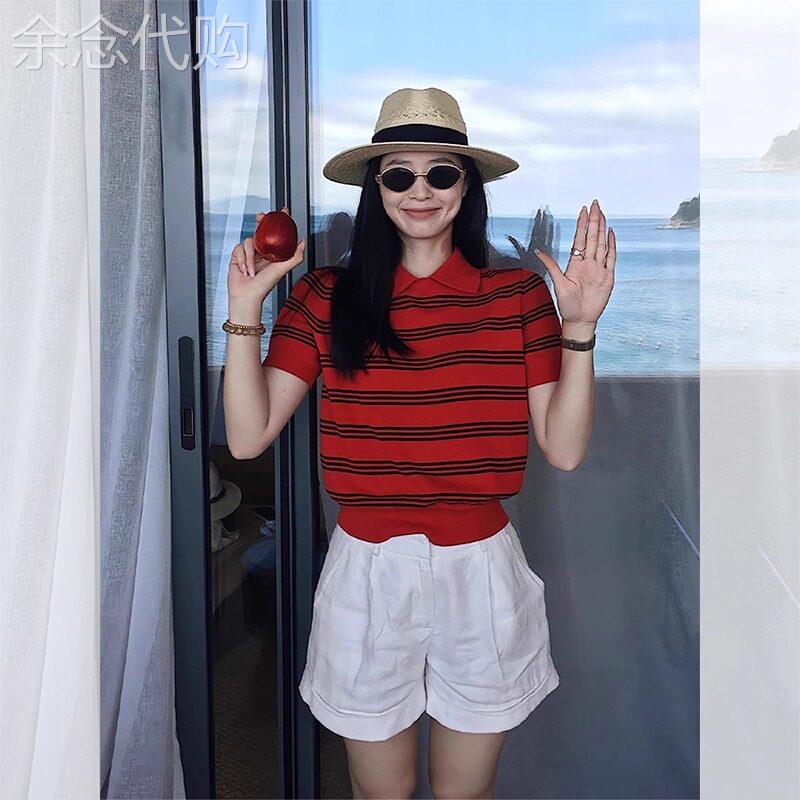 正肩短袖t恤女2026新款夏高端欧货超好看独特polo衫红色条纹上衣
