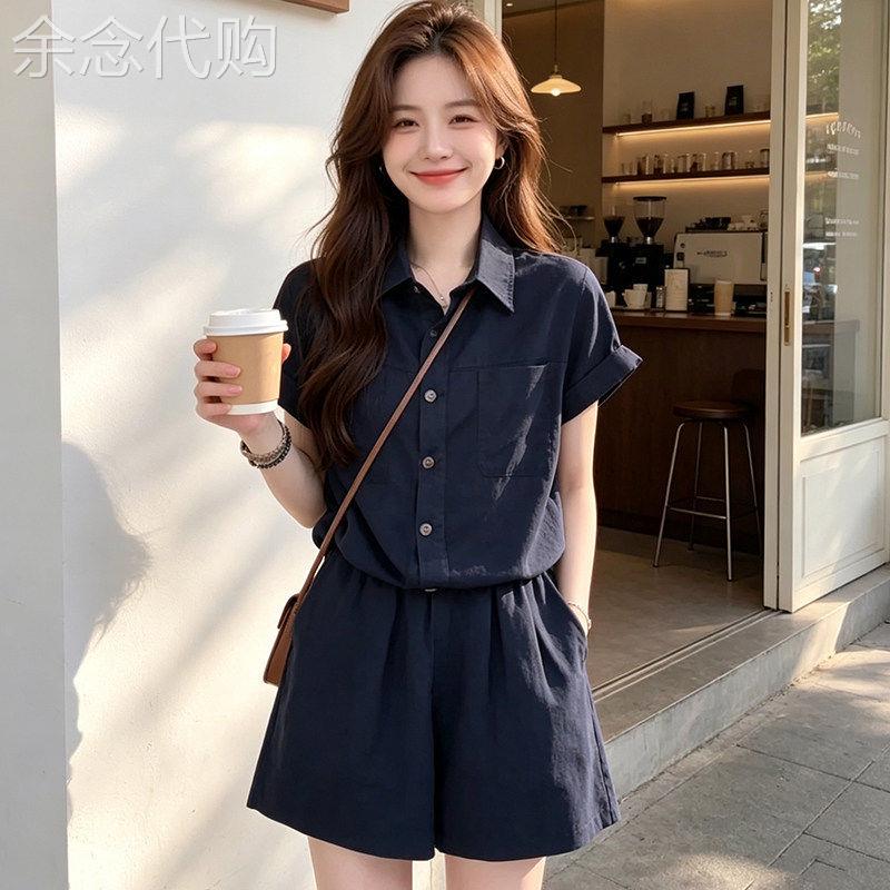 小个子穿搭一整套女装夏季2026新款休闲风短袖衬衫阔腿短裤两件套