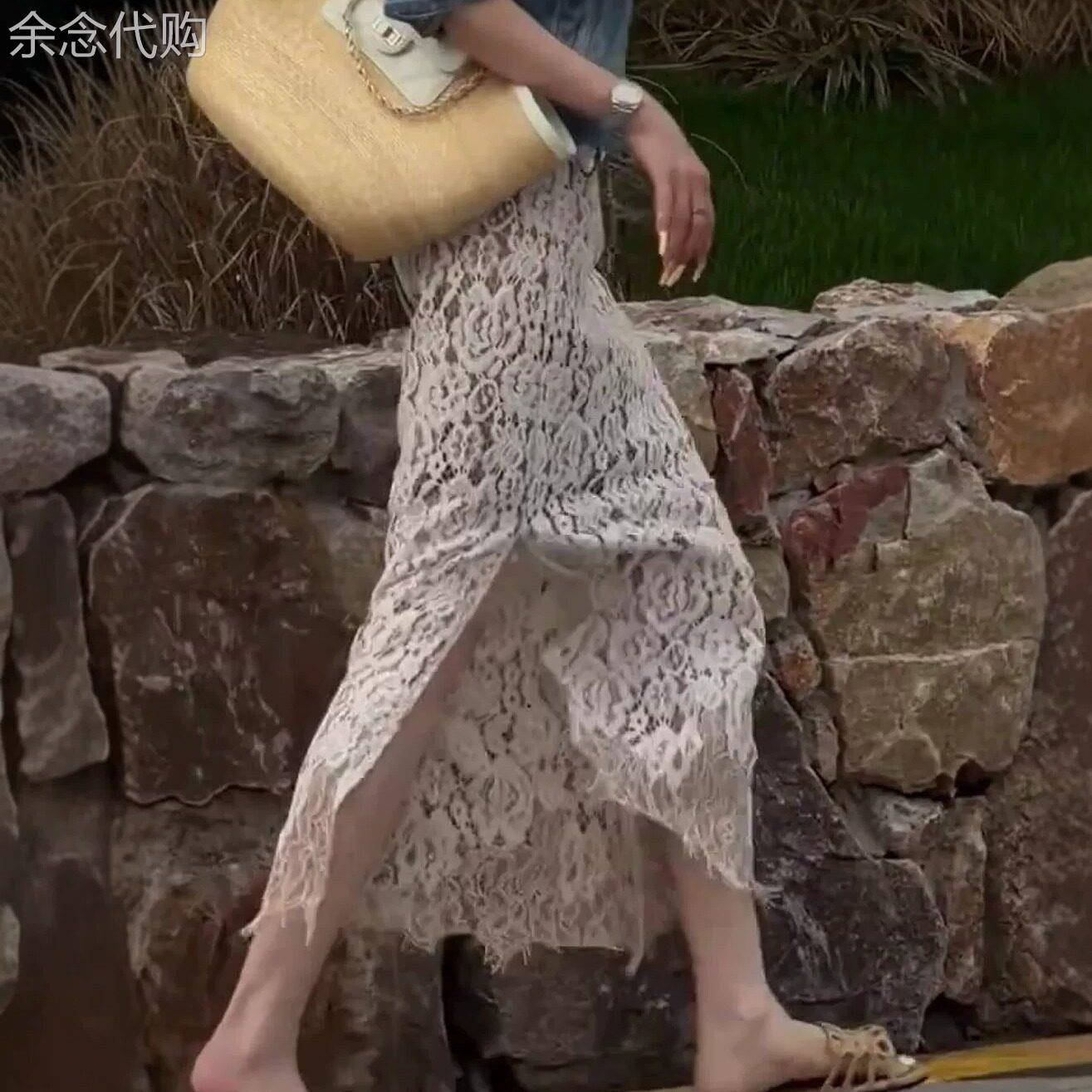 法式浪漫风蕾丝开叉包臀半身裙女夏季高级感修身显瘦洋派遮肉长裙