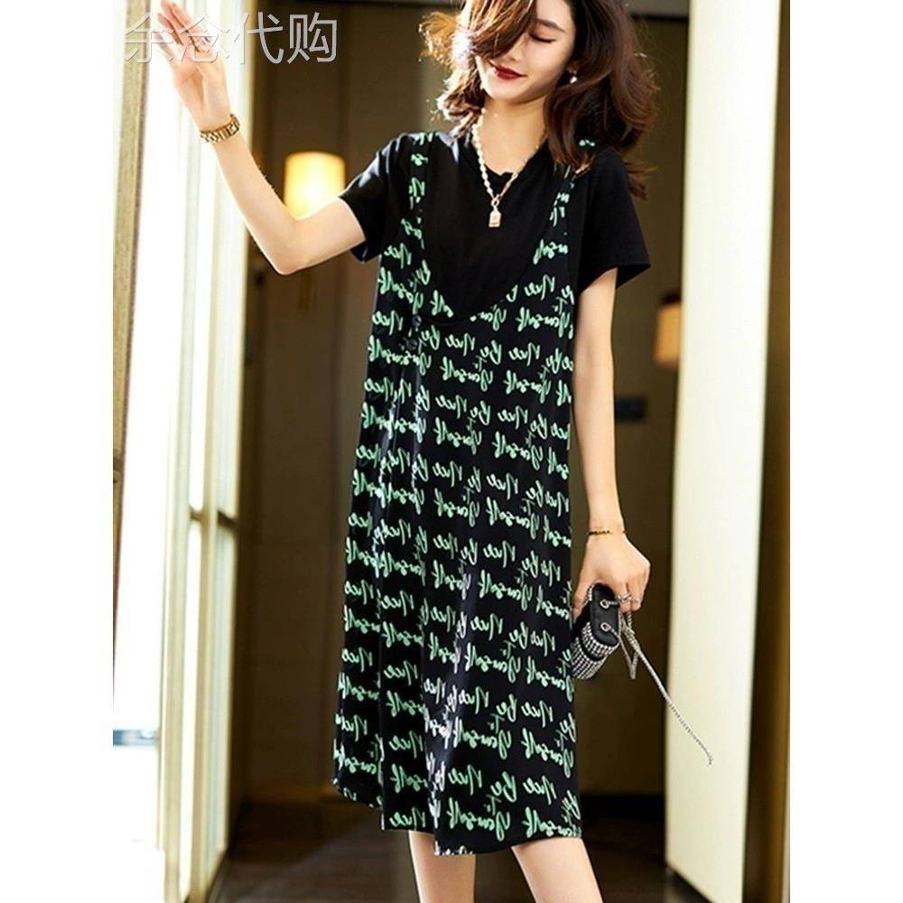 绿色假两件字母印花洋装夏季女休闲时尚宽松大尺码女装裙子女夏天