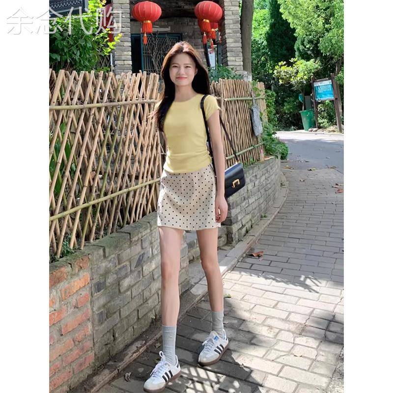 白色韩系波点半身裙女夏季欧货少女风高腰A字短裙小个子包臀裙子