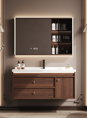 新款中古风胡桃木浴室柜组合卫生间陶瓷一体盆洗手洗脸池洗漱台面