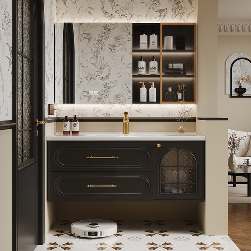 格思莉橡胶木陶瓷一体盆浴室柜