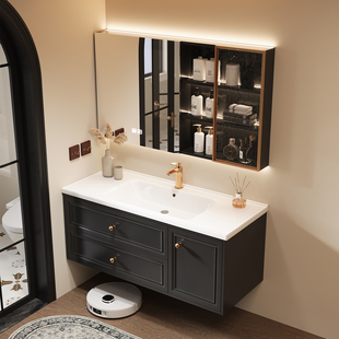 法式复古黑色橡胶木烤漆浴室柜卫生间陶瓷一体洗漱台洗手池洗脸盆