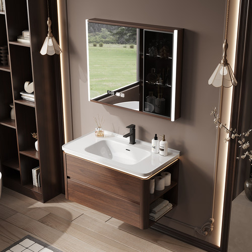 小户型新中式胡桃木浴室柜组合