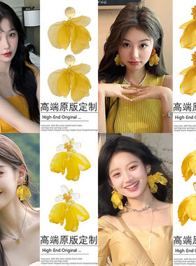 小清新黄色花朵耳环女2024新款爆款潮小众设计感气质耳钉甜美耳饰