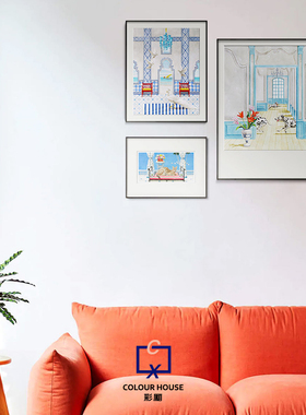 Harrison Howard蓝色白色画手绘建筑斑点狗摩洛哥海边组合装饰画