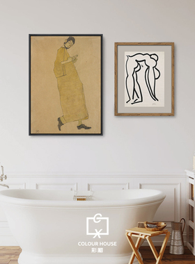 Egon Schiele 表现主义明黄色复古人物抽象客厅餐厅玄关双联小幅