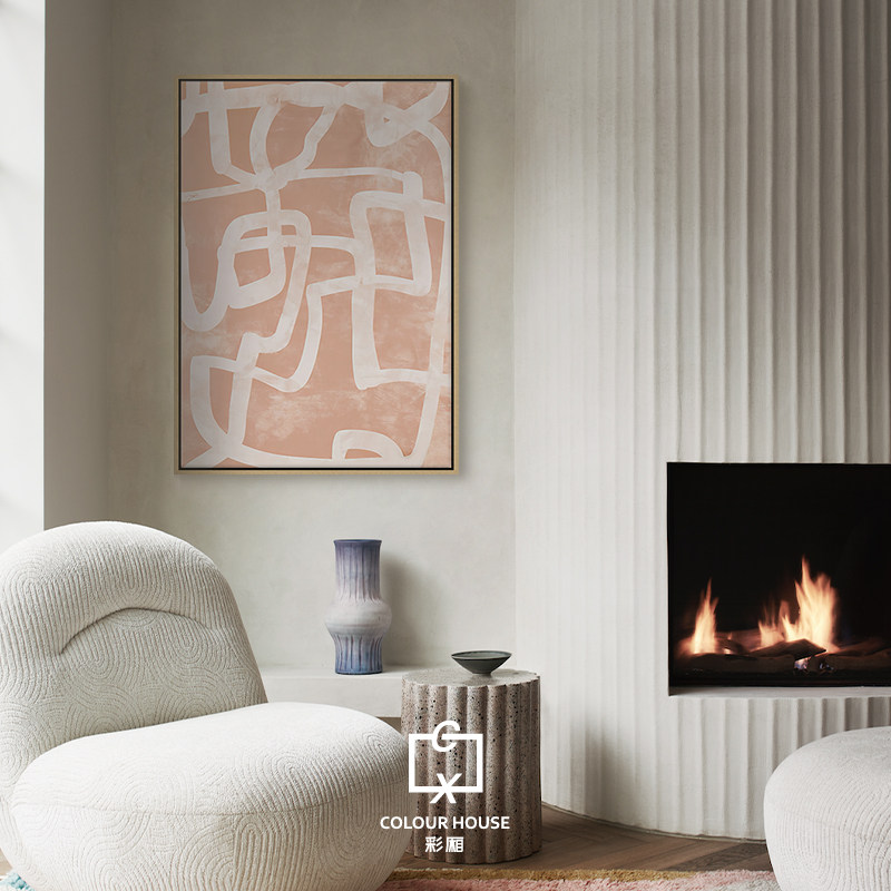 北欧风当代艺术现代简约粉底白色线条抽象客厅卧室玄关装饰画