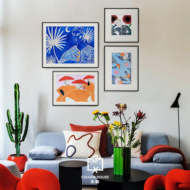 Erin Armstrong蓝橙色梦幻时尚女性人物肖像趣味组合装饰画铝合金