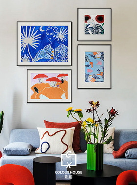 Erin Armstrong蓝橙色梦幻时尚女性人物肖像趣味组合装饰画铝合金