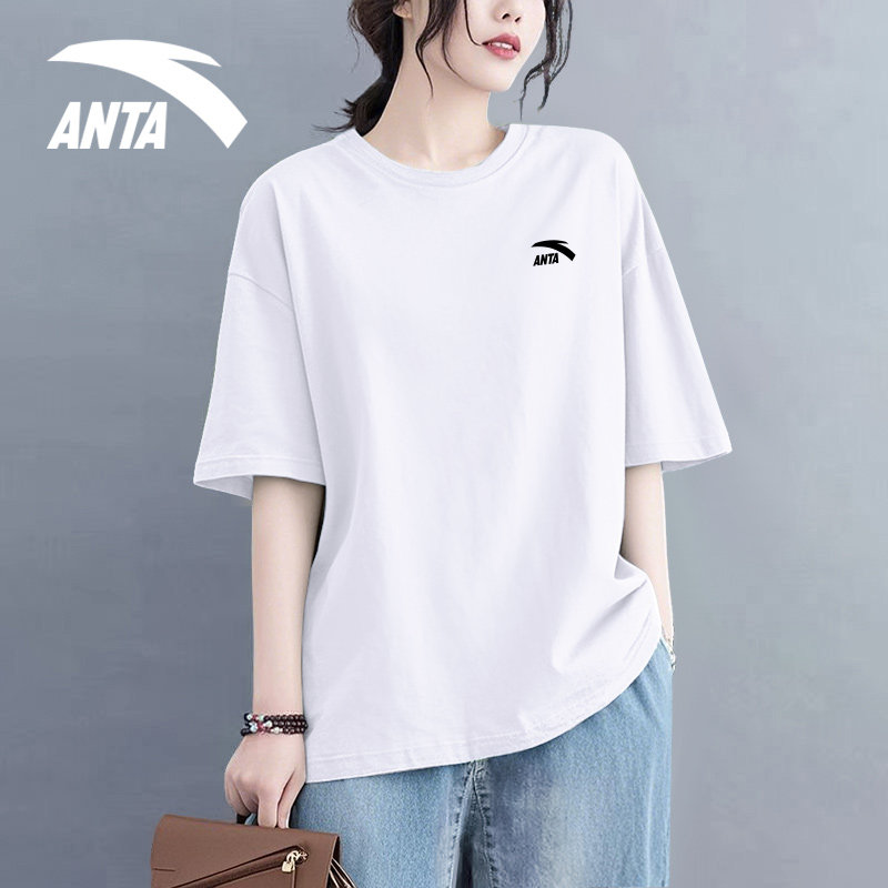 安踏白色短袖女棉t恤2026新款夏季圆领宽松大码半截袖休闲运动服
