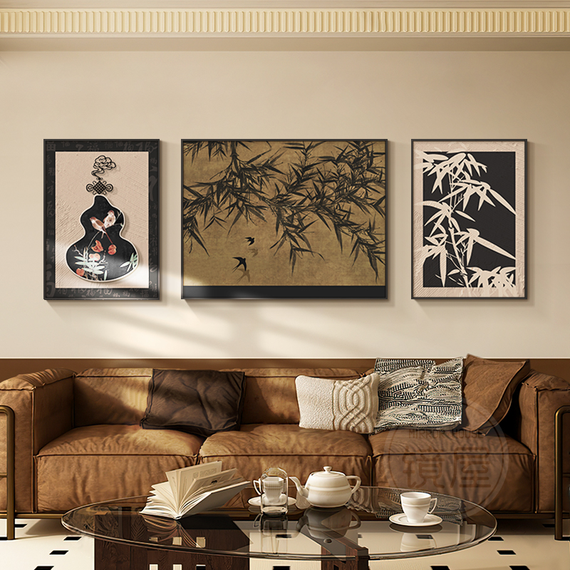 中式复古客厅装饰画宋代美学挂画禅意中古风沙发背景墙壁画三联画