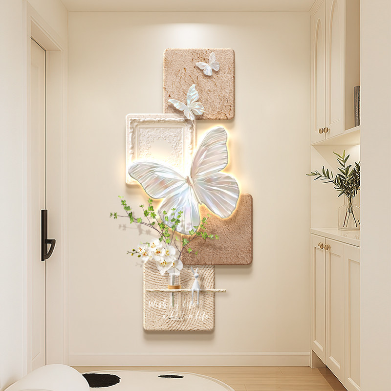 法式奶油风玄关装饰画蝴蝶立体砂岩壁灯画入户走廊过道挂画高级感