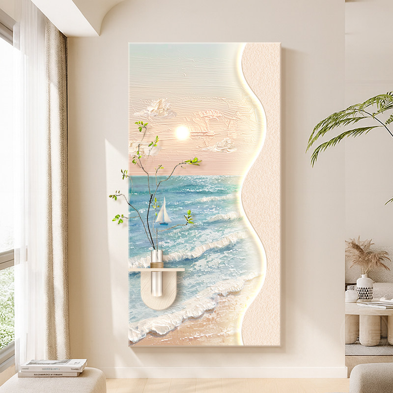 奶油风入户玄关装饰画水培绿植砂岩肌理画走廊过道感应挂画高级感